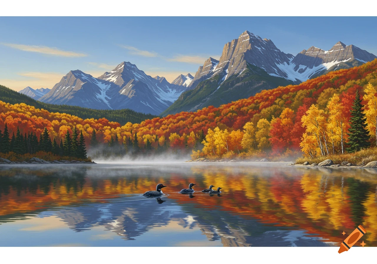 A vibrant autumn landscape featuring snow-capped mountains, colorful trees, and three ducks swimming in a tranquil, misty lake.
