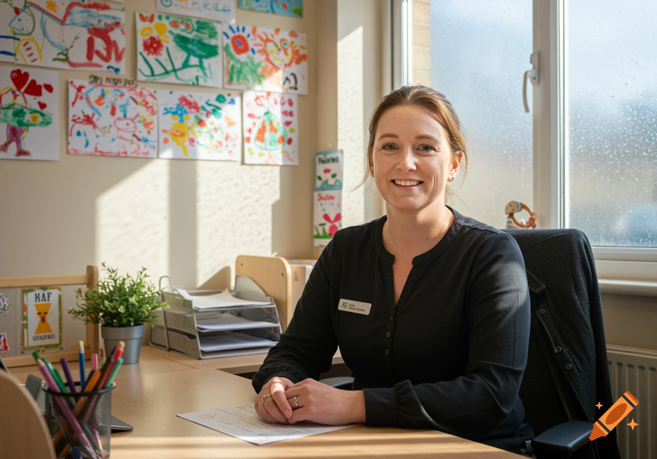 A smiling woman with brown hair sits at a desk in a sunny office, with children's artwork on the wall behind her.