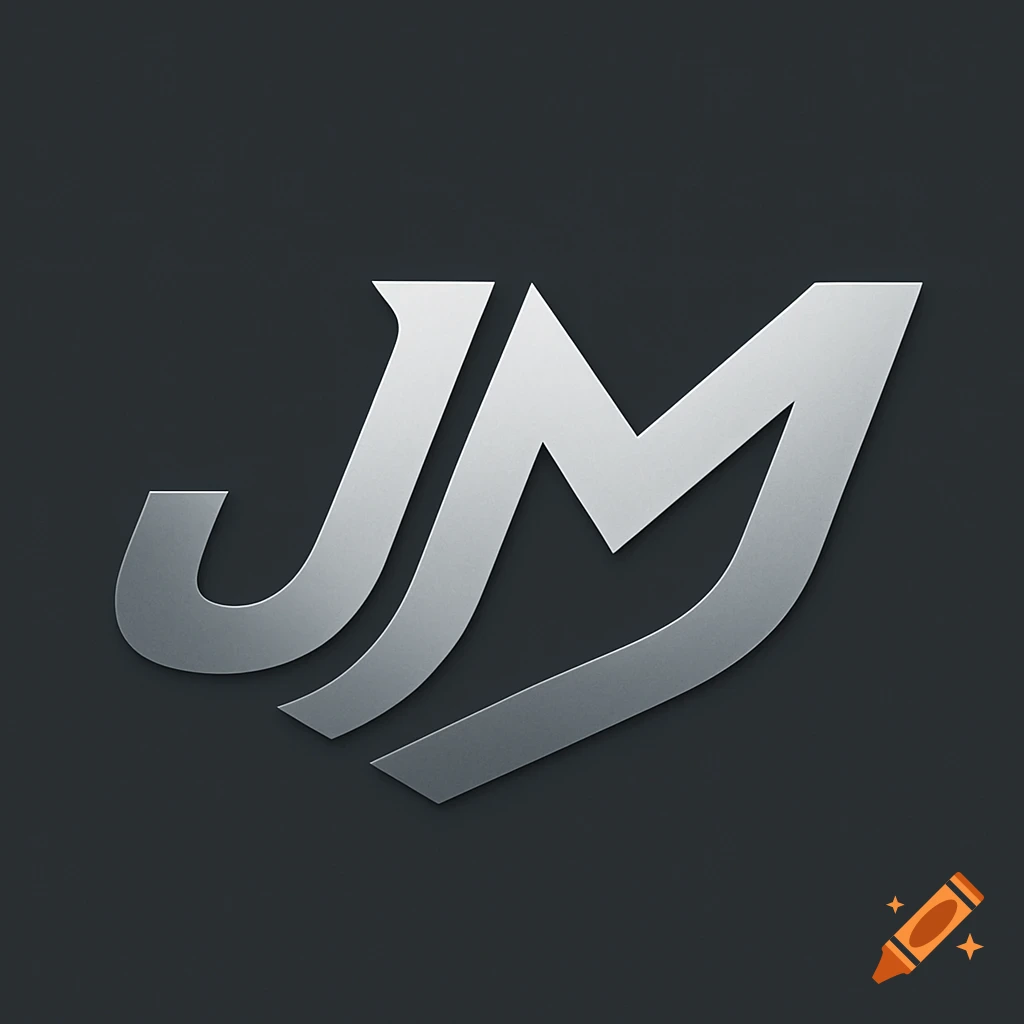 A modern, metallic silver logo featuring the stylized letters 'JM' with a sleek, flowing design, set against a dark gray background.