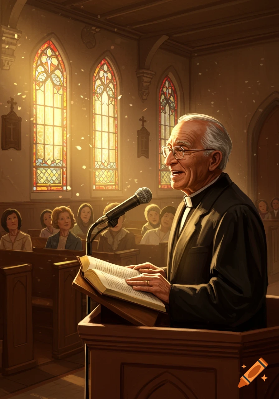 A smiling elderly pastor preaches from a podium in a sunlit church with stained glass windows.