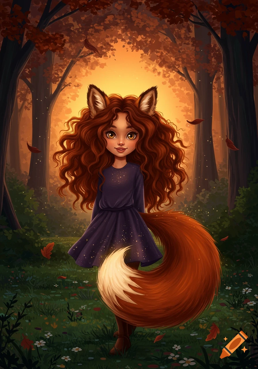A stylized illustration of a cute girl with long curly brown hair, fox ears, and a large fluffy fox tail, standing in an autumn forest.