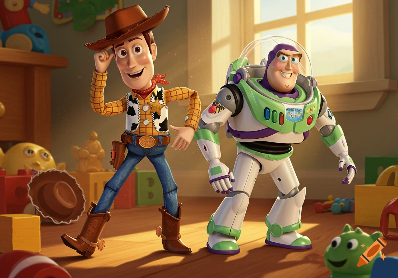 Woody and Buzz Lightyear from Toy Story stand smiling in a child's brightly lit room, surrounded by toys.