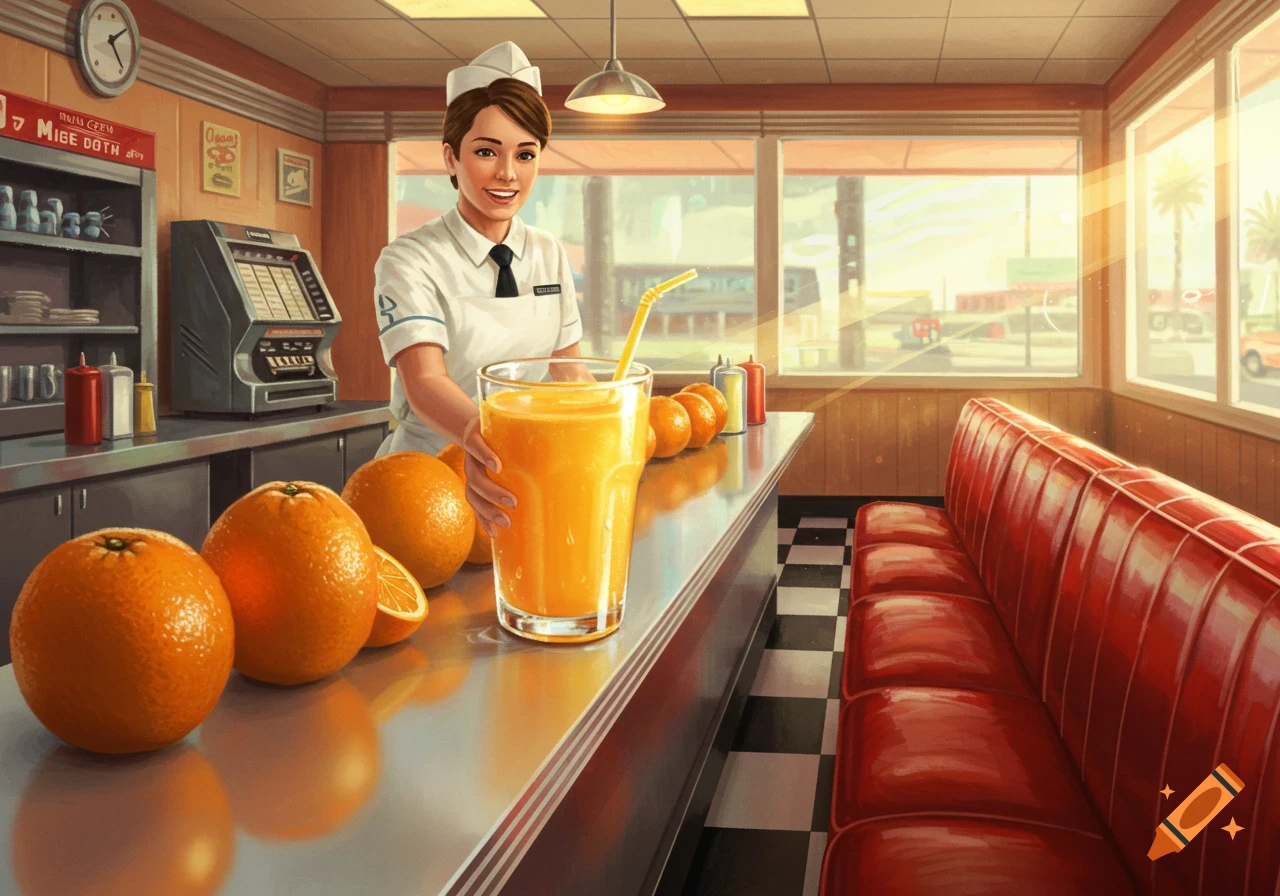 An illustrated image of a smiling waitress in a retro diner serving a large glass of orange juice. Oranges line the counter, and red booths are visible.