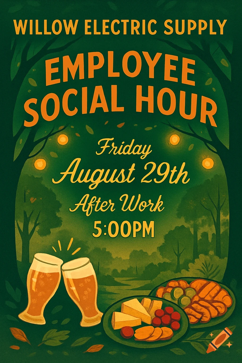 A green event flyer illustration for 'Willow Electric Supply Employee Social Hour' on 'Friday August 29th After Work 5:00PM' with two clinking beer glasses and plates of snacks in a forest setting.