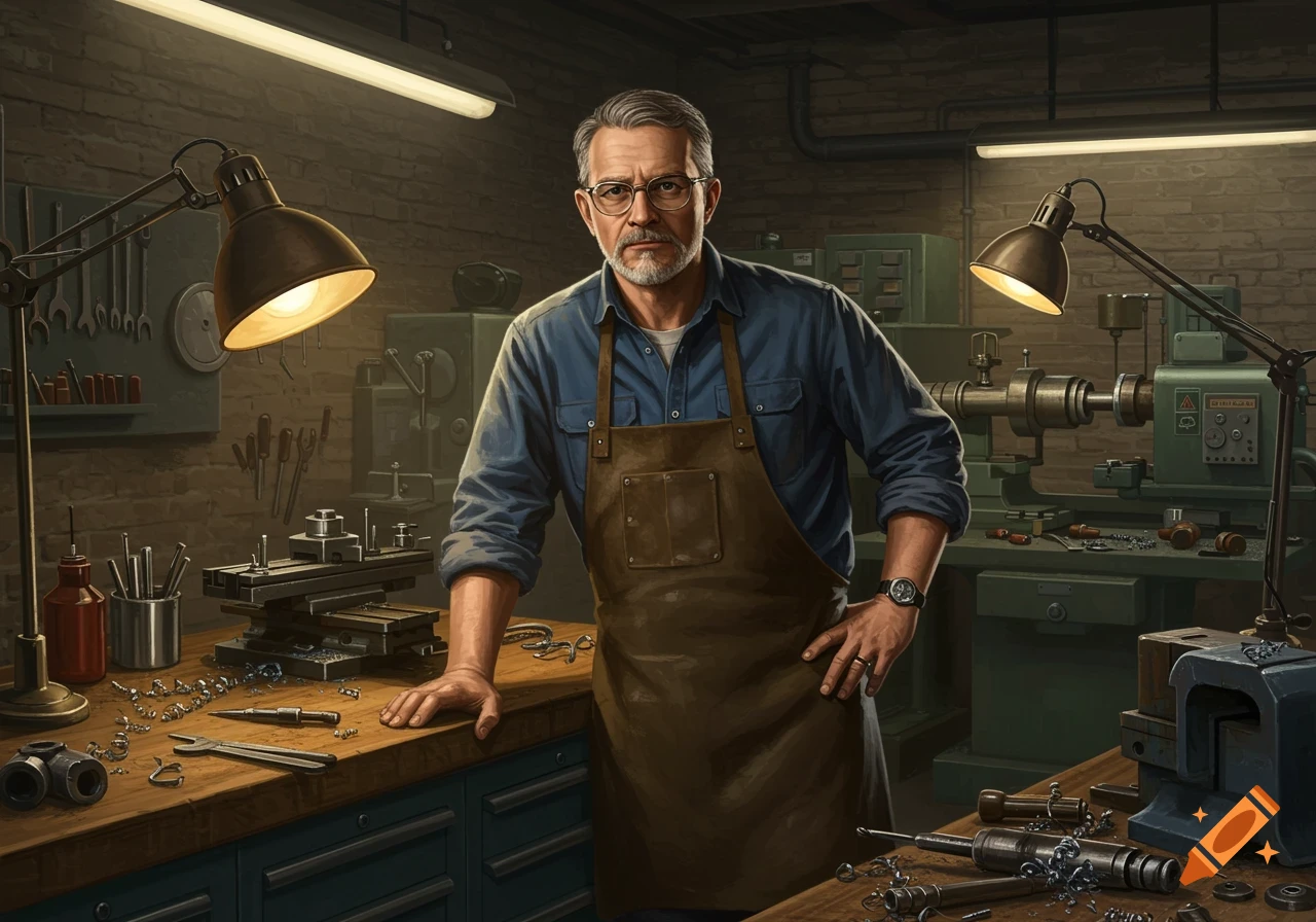 Photorealistic image of a man in a brown apron and blue shirt standing in a cluttered workshop filled with tools and machinery.