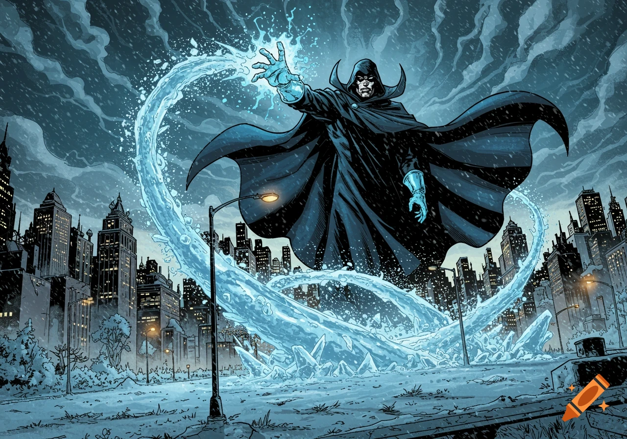 A comic book villain in a black cloak and hood, with glowing blue hands, casting ice magic over a city landscape covered in snow and ice.