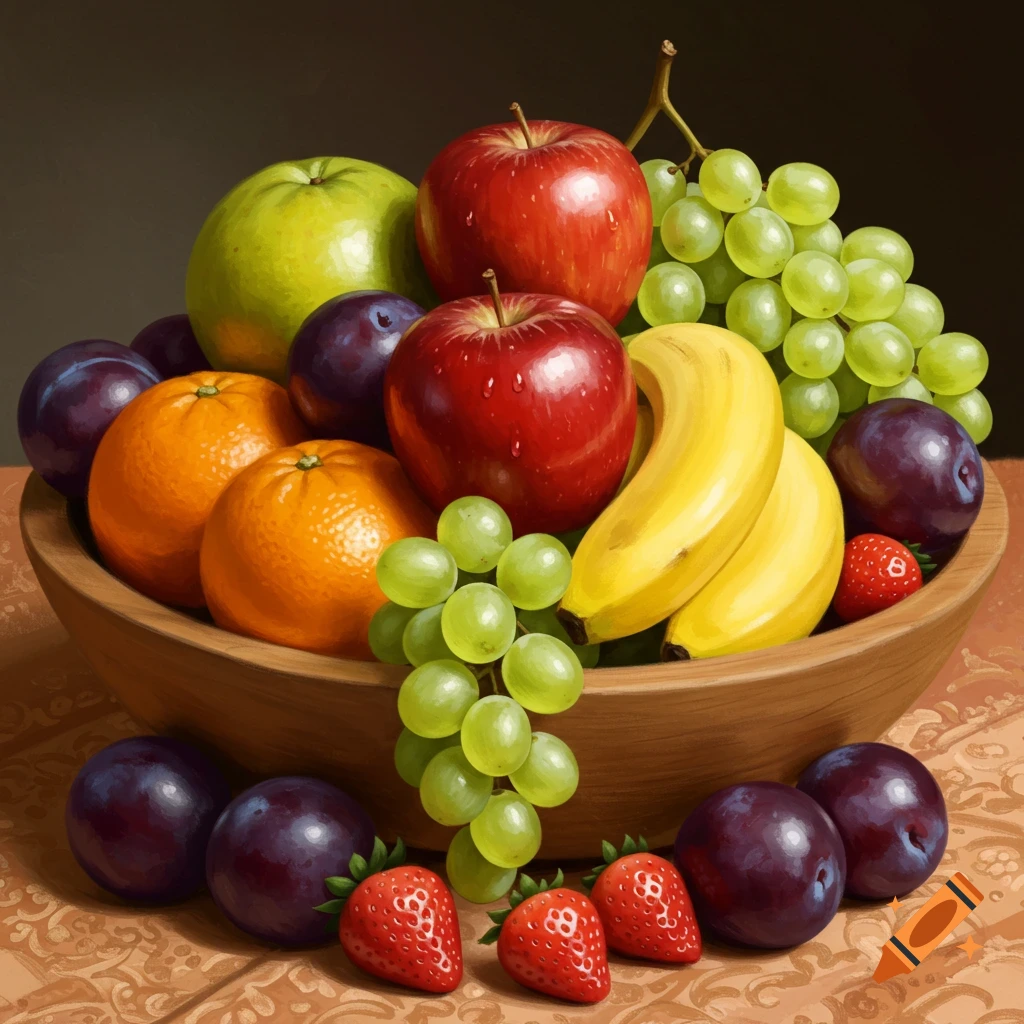 A vibrant still life painting of a wooden bowl filled with various fruits, including apples, oranges, grapes, bananas, plums, and strawberries, some spilling onto a patterned table.