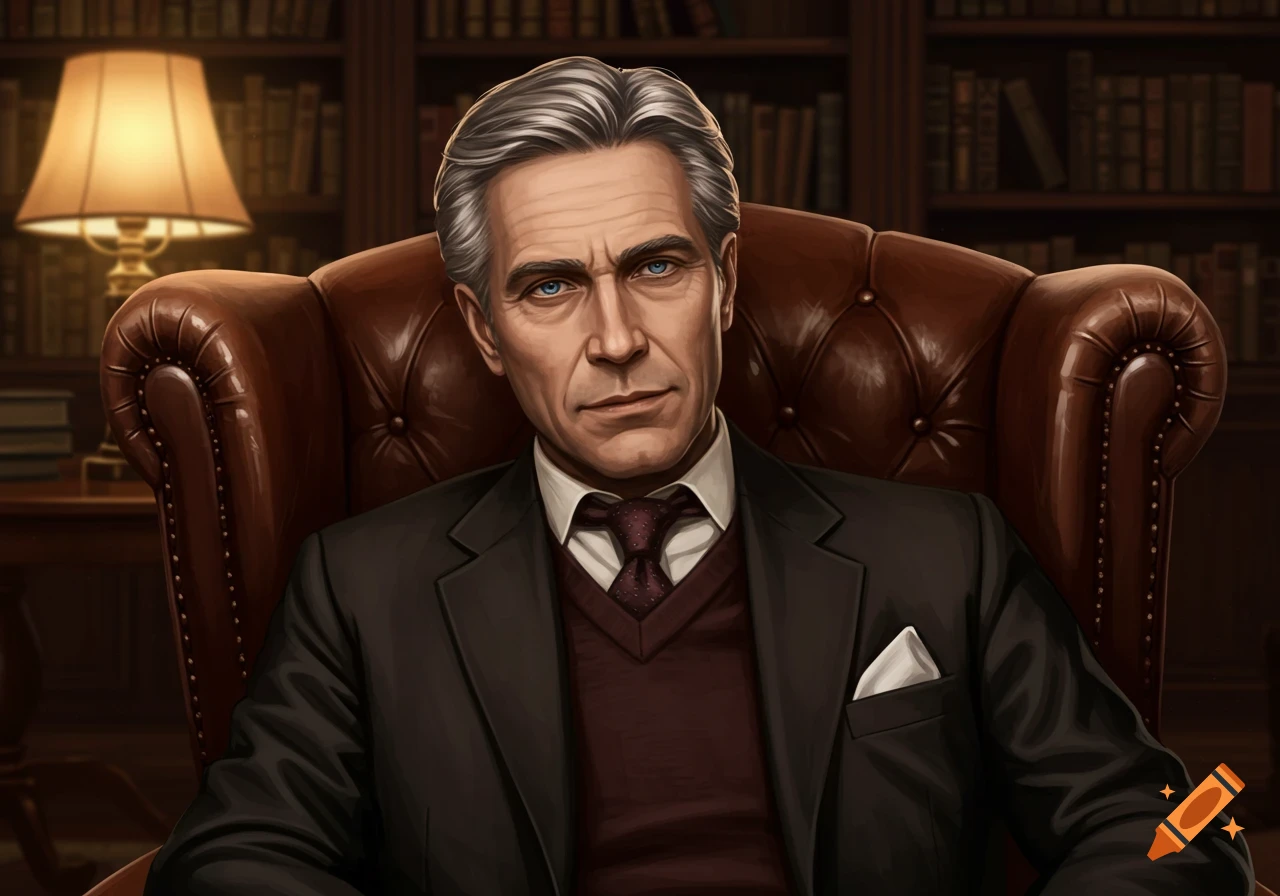 Digital painting of a distinguished man with gray hair and blue eyes, sitting in a leather armchair in a library.