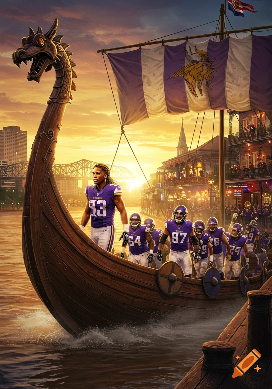 Vibrant illustration of Minnesota Vikings football players on a Viking ship sailing through a New Orleans river at sunset.