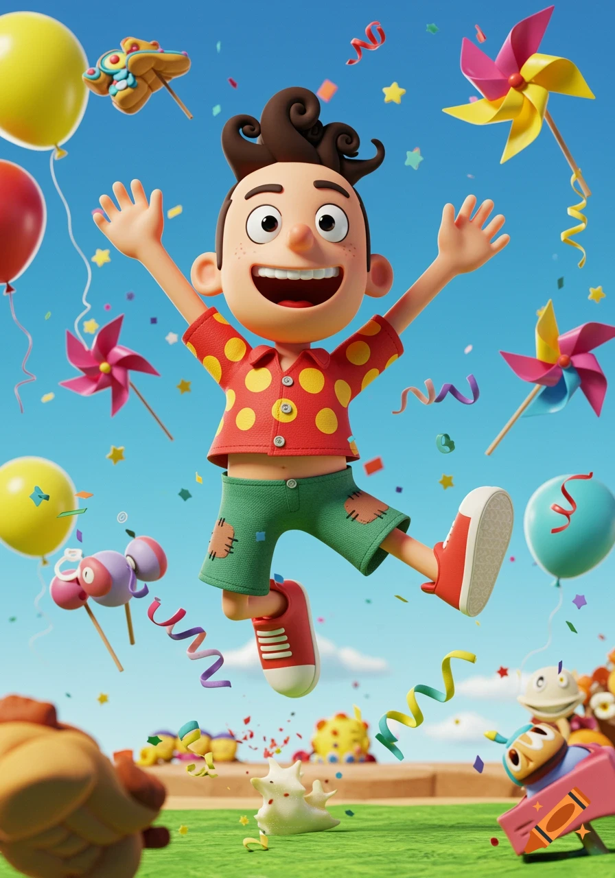 A smiling 3D cartoon boy with curly brown hair jumps in the air, arms outstretched, amidst colorful balloons and confetti.