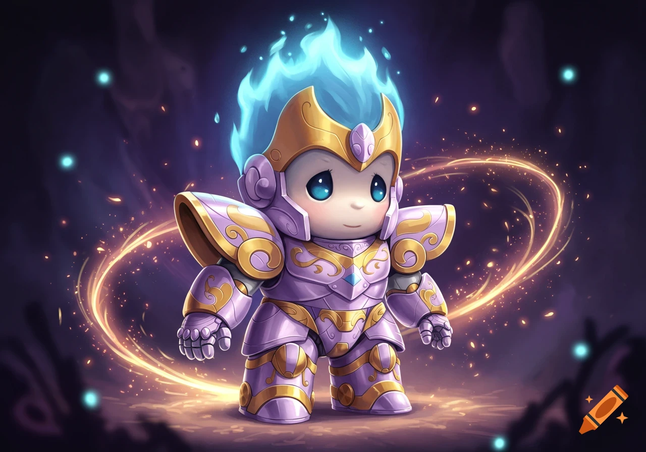 A cute chibi character in ornate purple and gold mech armor with glowing blue flame hair, against a dark fantasy background with golden light trails.