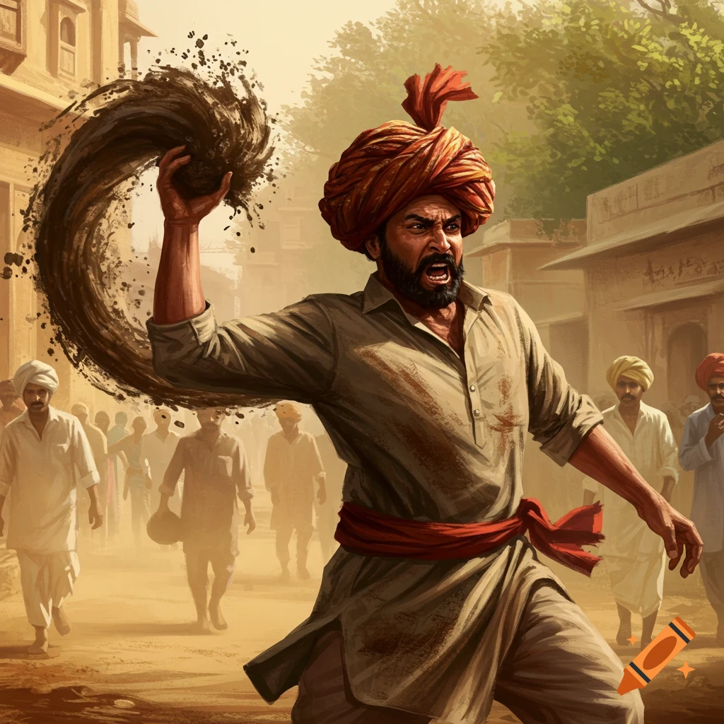 Angry Indian man in a turban throwing a swirl of brown dirt on a dusty village street with people in the background, digital art.