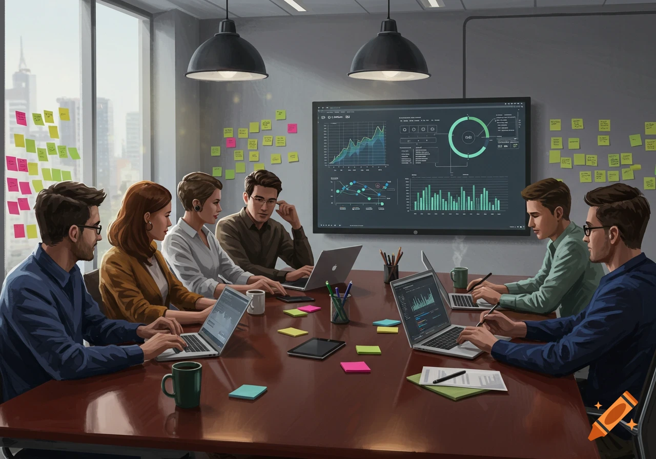 An illustration of a diverse group of professionals in a modern office meeting room, working on laptops and looking at a large data display screen.