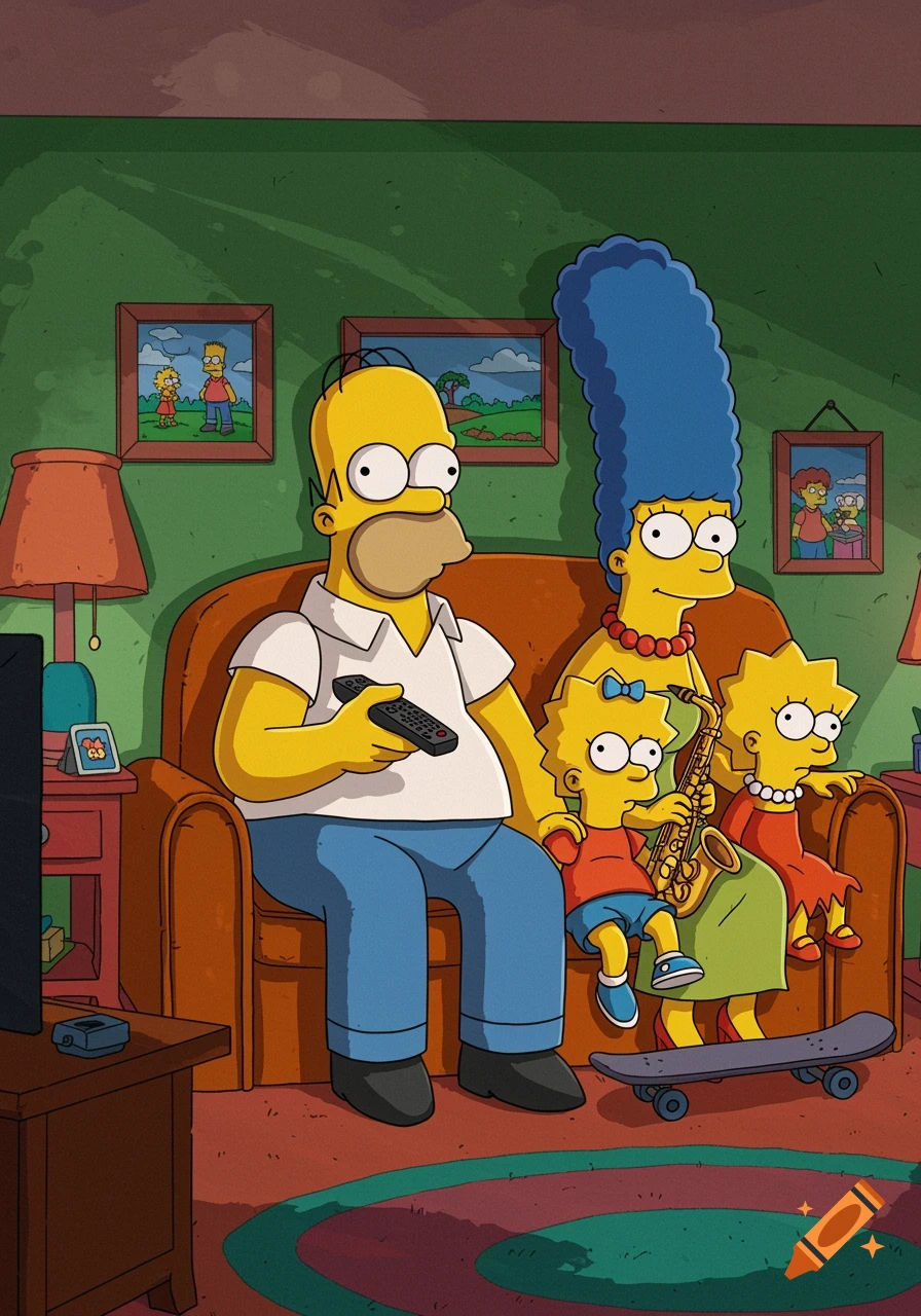 The Simpson family, Homer, Marge, Lisa, and Maggie, sit on a couch in their living room, watching TV.