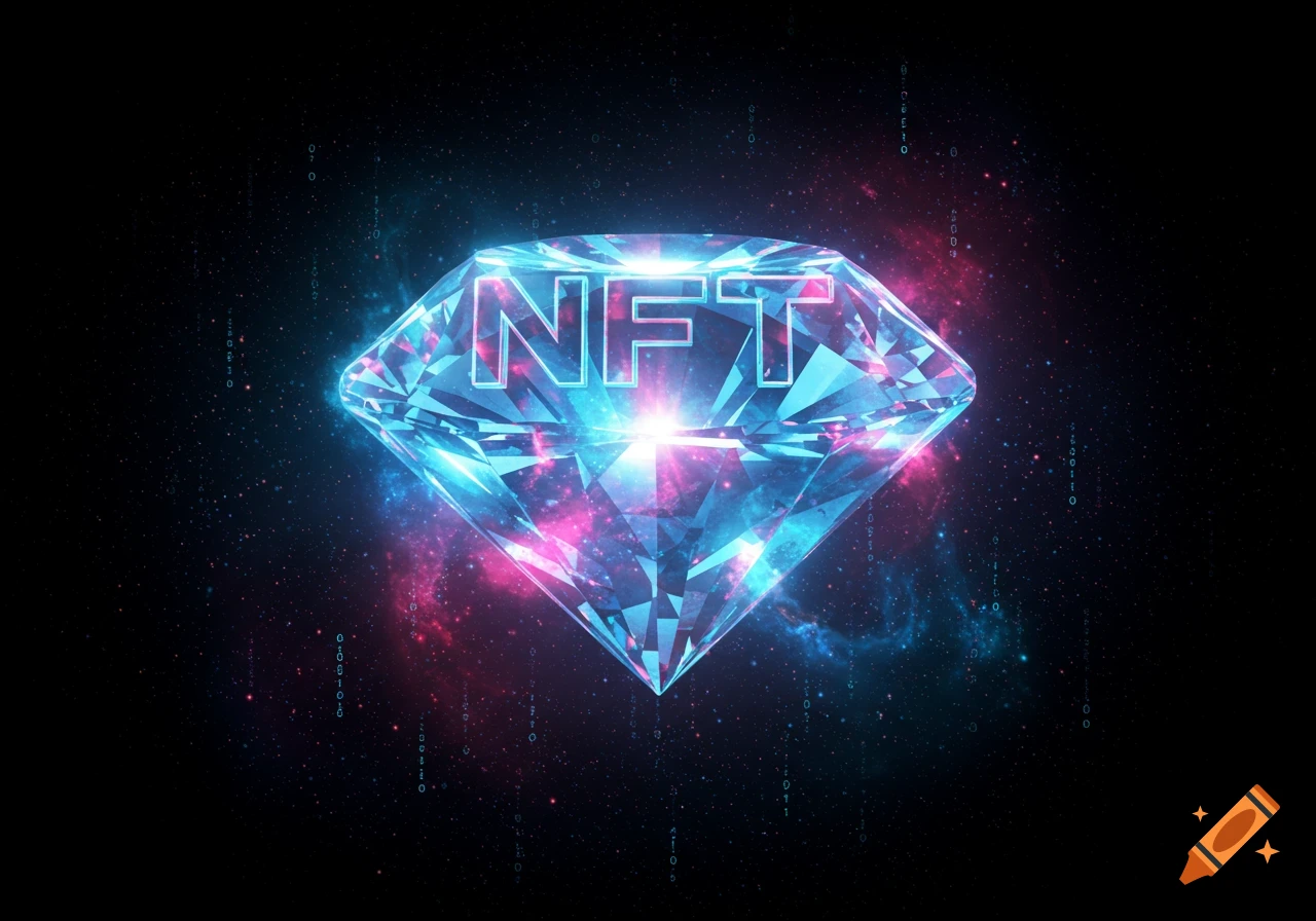 Glowing blue and pink diamond with NFT text, set against a vibrant cosmic nebula background with binary code.