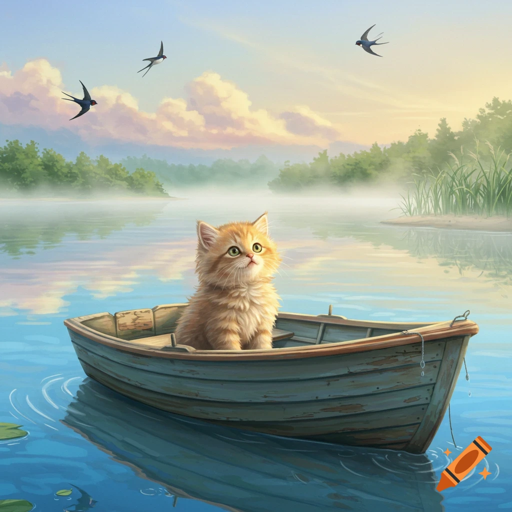 A cute orange kitten sits in a rowboat on a tranquil lake with mist, trees, and birds in the sky.