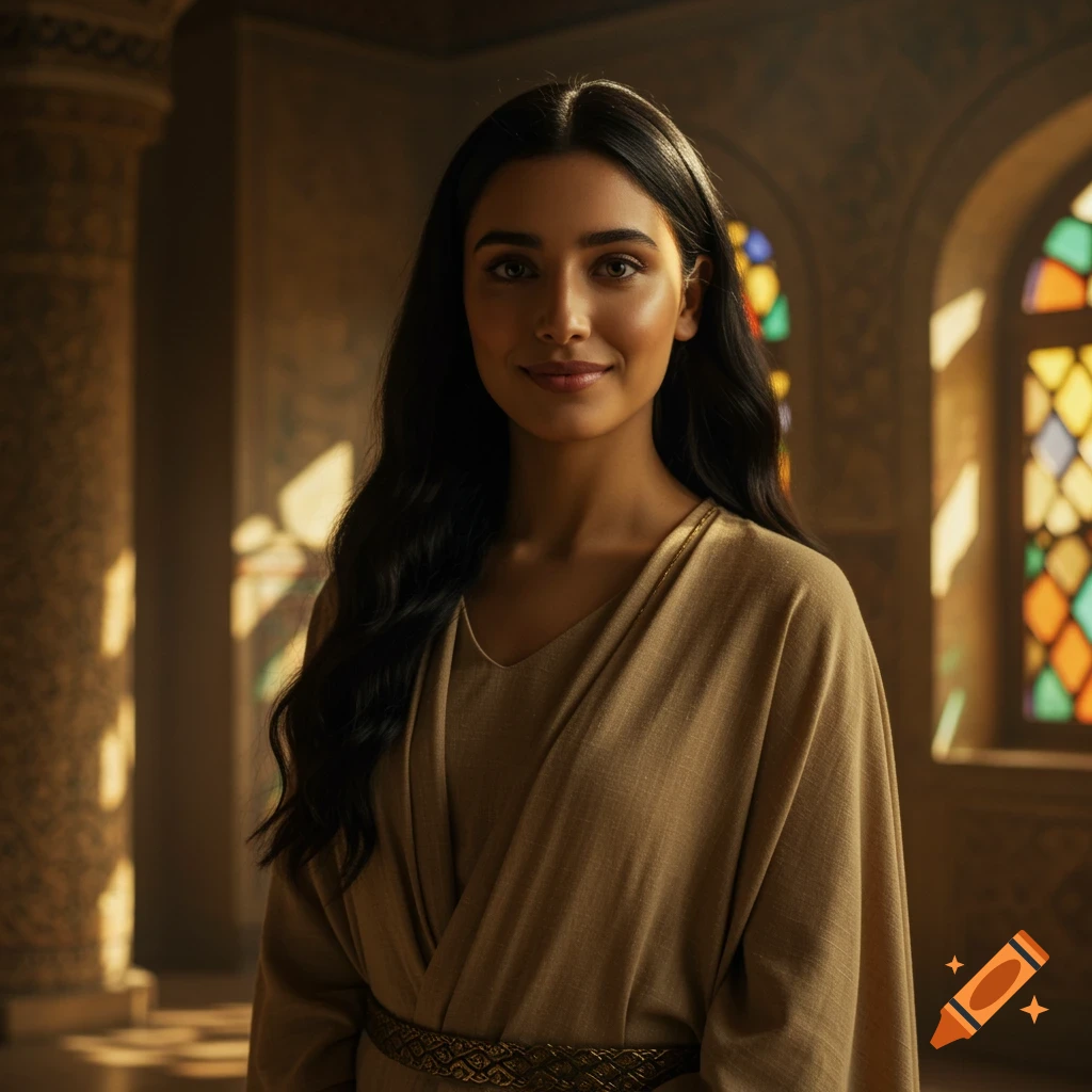 Photorealistic portrait of a young woman with dark hair and olive skin in a historic, sunlit hall with stained glass windows.