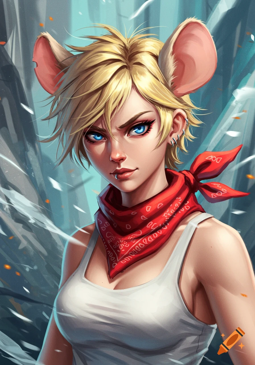 An anime portrait of a confident woman with short blond hair, blue eyes, mouse ears, a red bandana, and a white tank top.