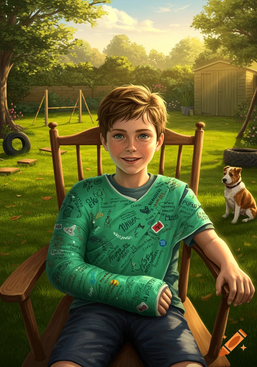 A smiling boy with a green arm cast and shirt covered in illegible writing sits in a wooden chair in a sunny backyard with a dog in the background, in an illustrative style.