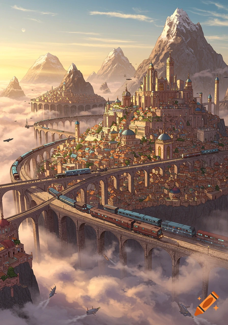 A sprawling fantasy city floats on clouds amidst snow-capped mountains. Multi-layered train tracks with trains weave through the city on towering viaducts.
