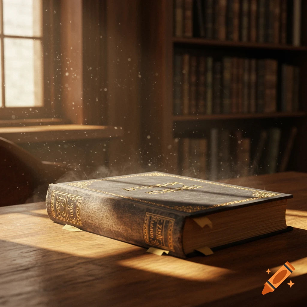 A closed, old textbook with gold lettering on a wooden table in a dimly lit library, with dust motes dancing in sunlight.