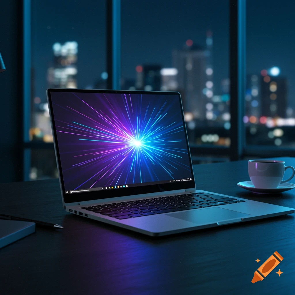 A laptop with a vibrant, starburst-like pattern on its screen sits on a dark desk in front of a large window overlooking a city skyline at night. A coffee cup is beside the laptop.