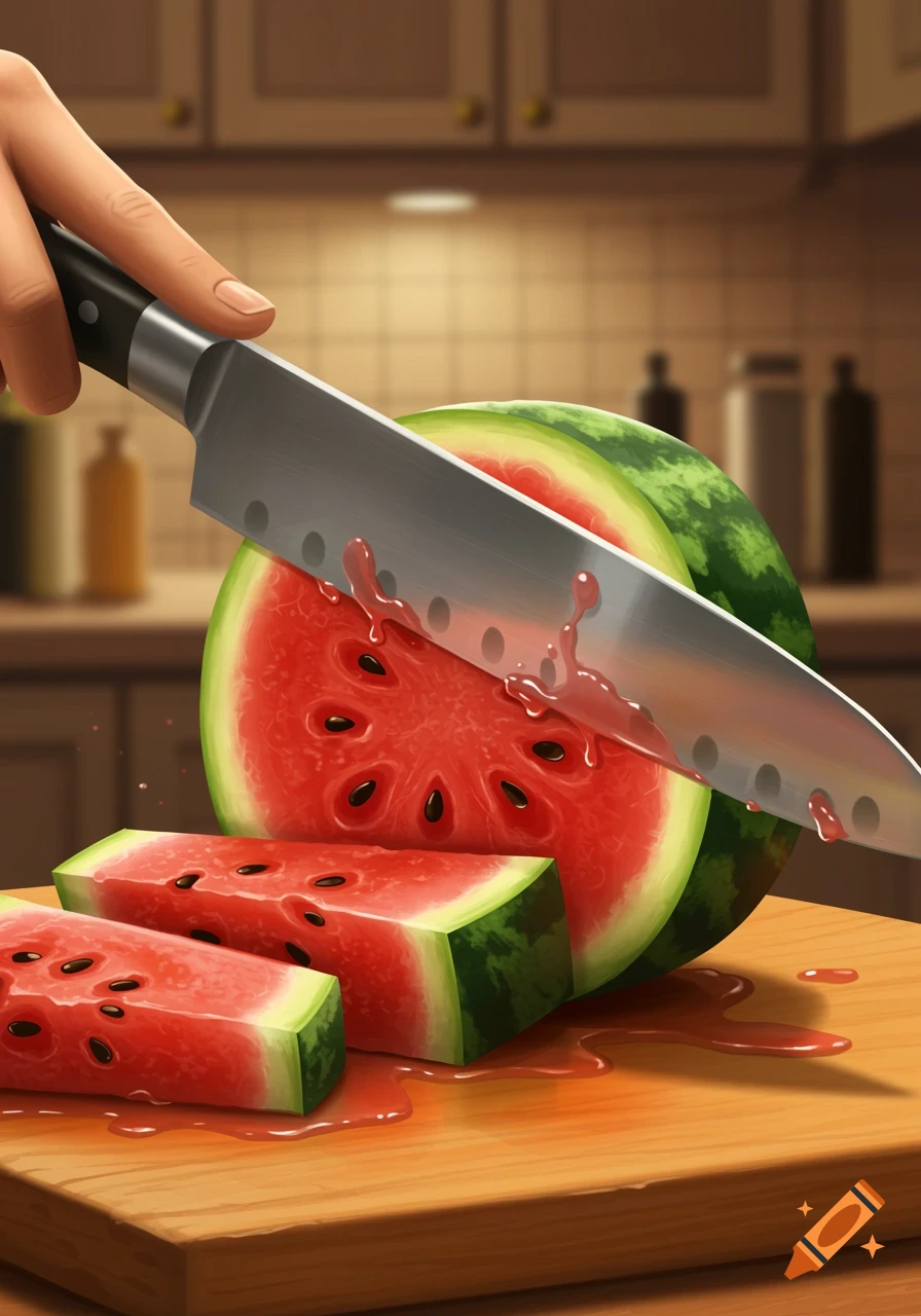 A hand slices a watermelon with a chef knife on a wooden cutting board, fruit juice spilling, in a stylized kitchen setting.