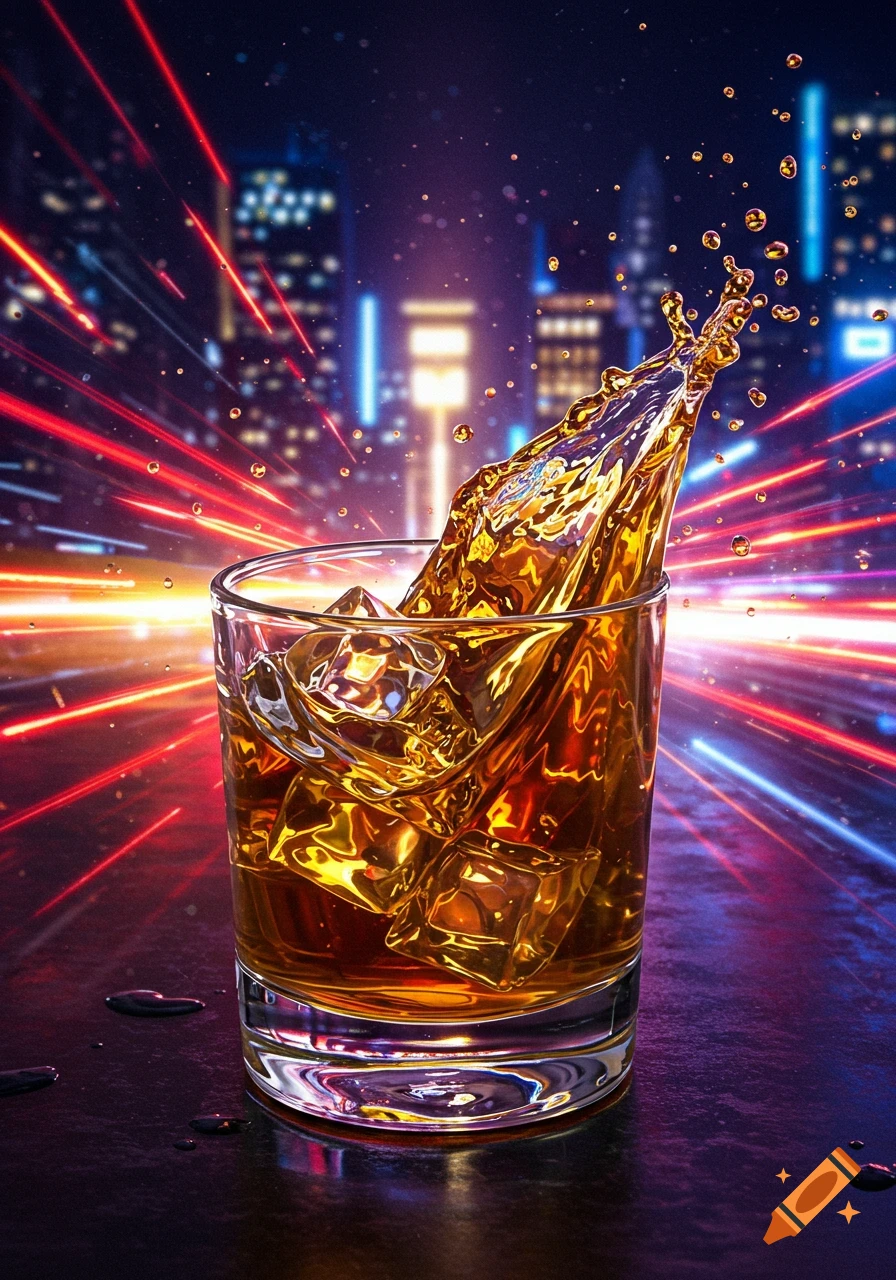 A glass of amber liquid with ice and a splash, set against a vibrant, blurry cityscape with red and blue light streaks.