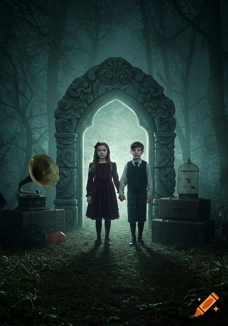 A boy and girl holding hands stand before an ornate, glowing stone archway in a dark, misty forest with vintage objects, in a gothic style.