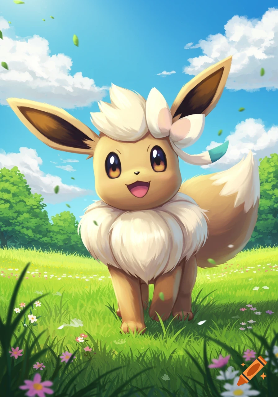 A cute anime-style Eevee Pokemon stands smiling in a bright green field filled with colorful flowers under a blue sky.