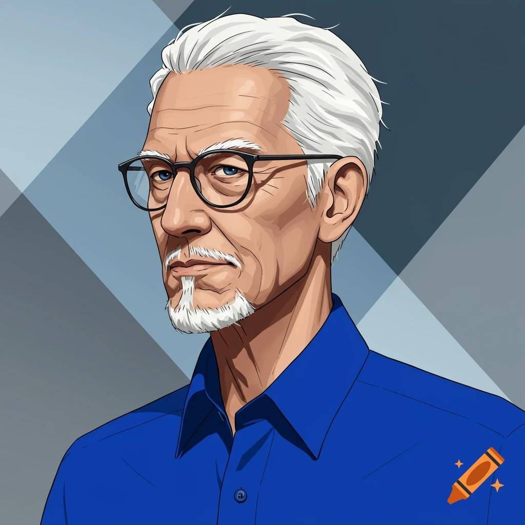 Illustrated portrait of an older man with white hair, goatee, glasses, and a blue shirt.