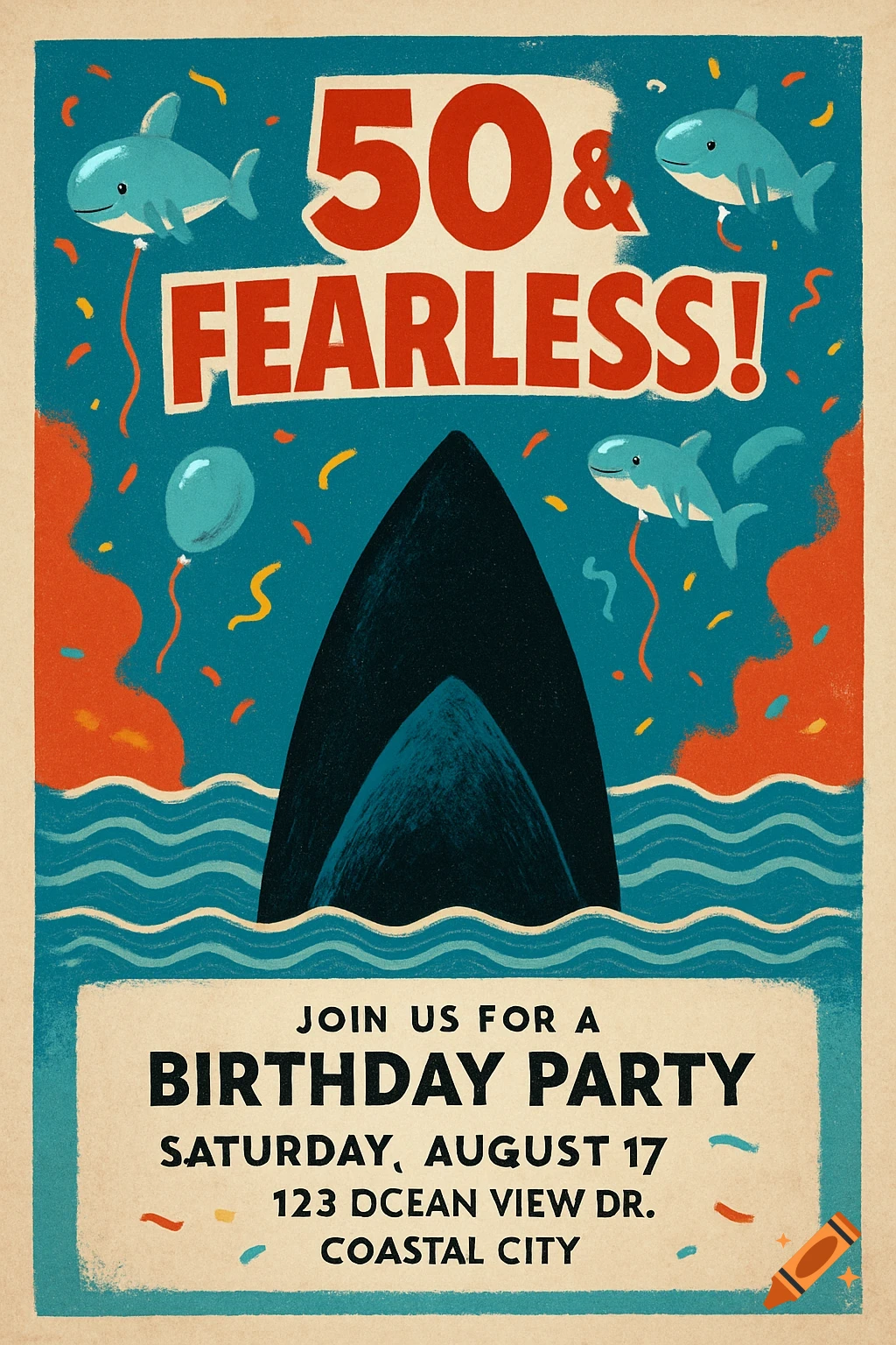 Retro-style birthday invitation with a large shark fin emerging from waves, cartoon sharks, confetti, and text reading '50 & FEARLESS! Join us for a Birthday Party'.