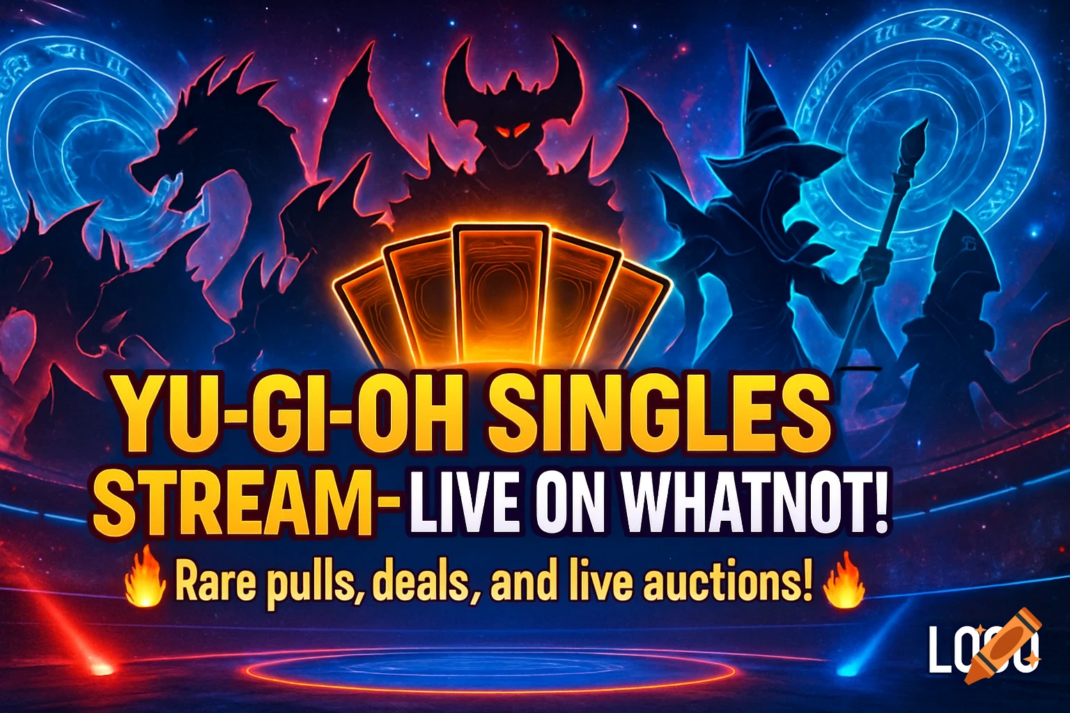 A high-energy digital banner for a Yu-Gi-Oh! singles livestream, featuring monster silhouettes, glowing cards, and cosmic background. Text reads: "YU-GI-OH SINGLES STREAM - LIVE ON WHATNOT! Rare pulls, deals, and live auctions!"