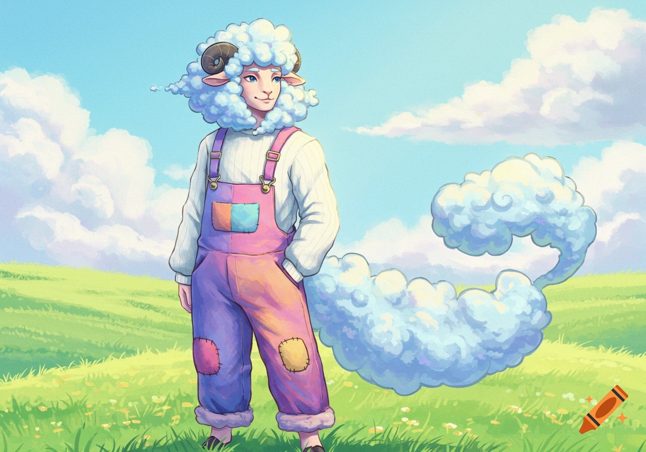 Anime-style sheep man with cloud hair and horns, wearing colorful overalls in a grassy field with a cloud tail.