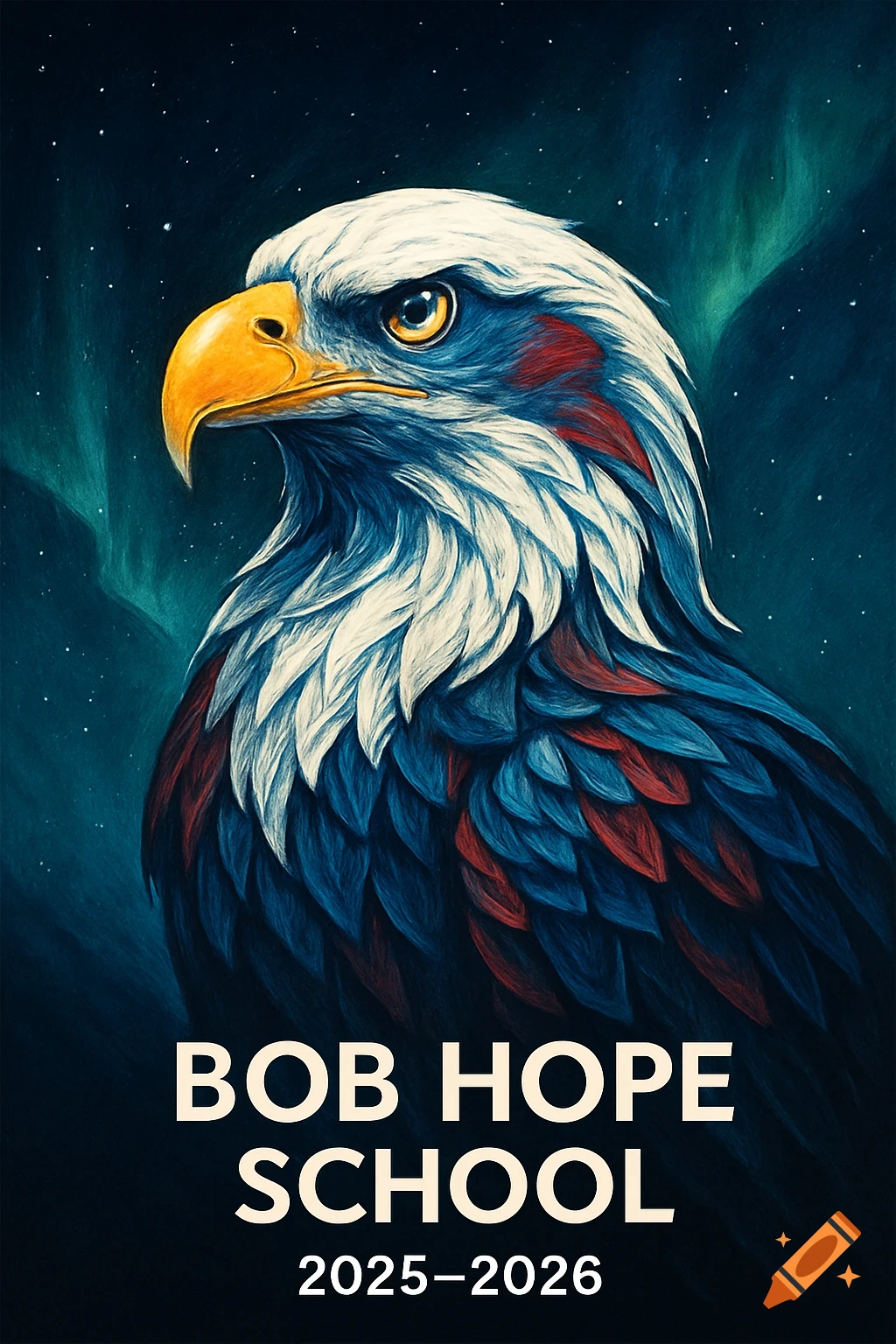 Stylized digital painting of a majestic bald eagle with white, red, and blue feathers, set against a cosmic background with aurora borealis. Text reads "BOB HOPE SCHOOL" and "2025–2026".