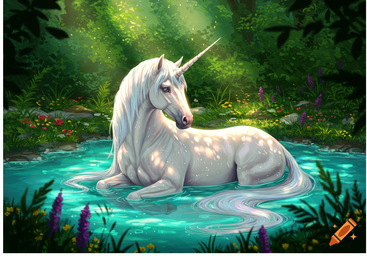 A white unicorn with a long mane and tail sits in a clear blue pool surrounded by lush green foliage and colorful flowers in an illustrative style.