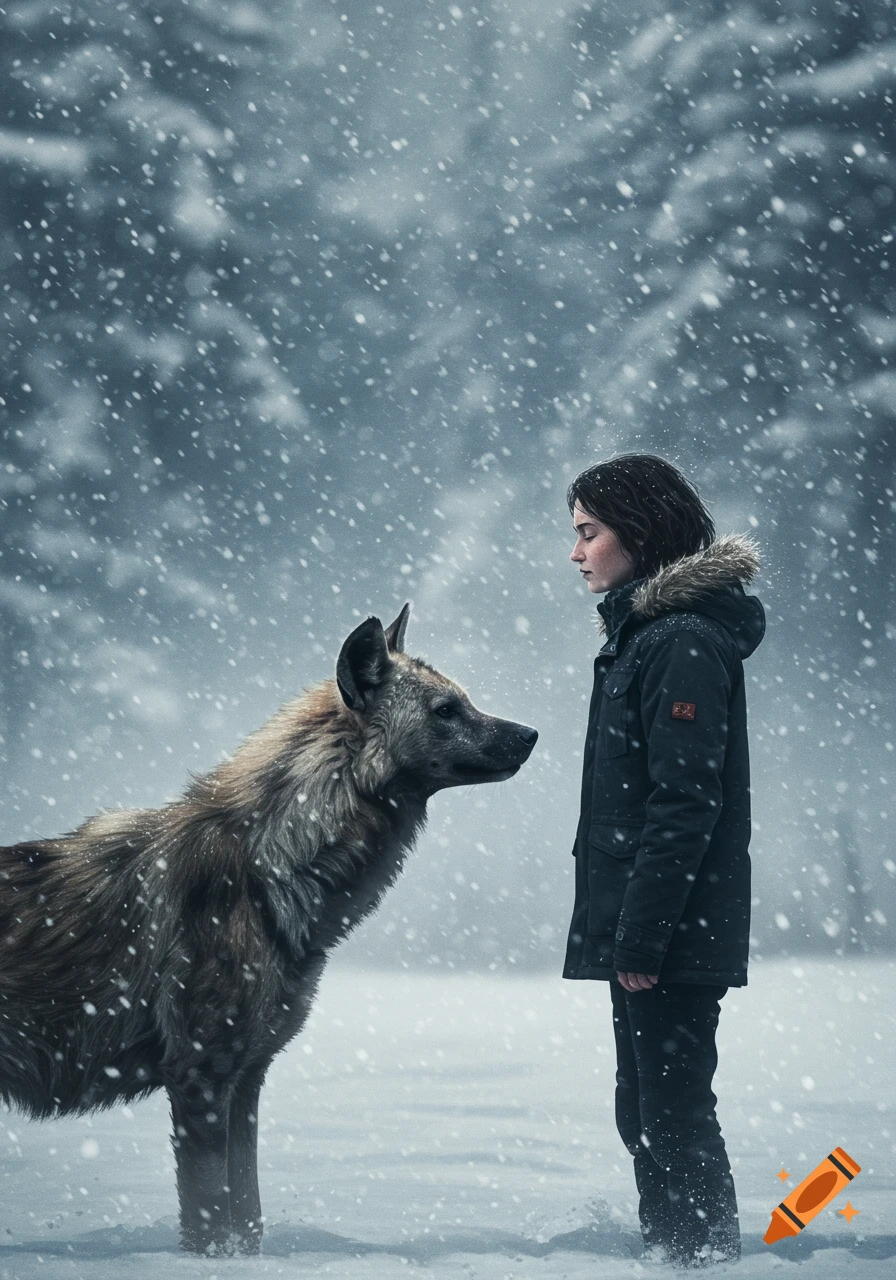 A person in a winter jacket stands in a snowy forest, looking towards a hyena. Snowflakes fall around them in a cinematic style.