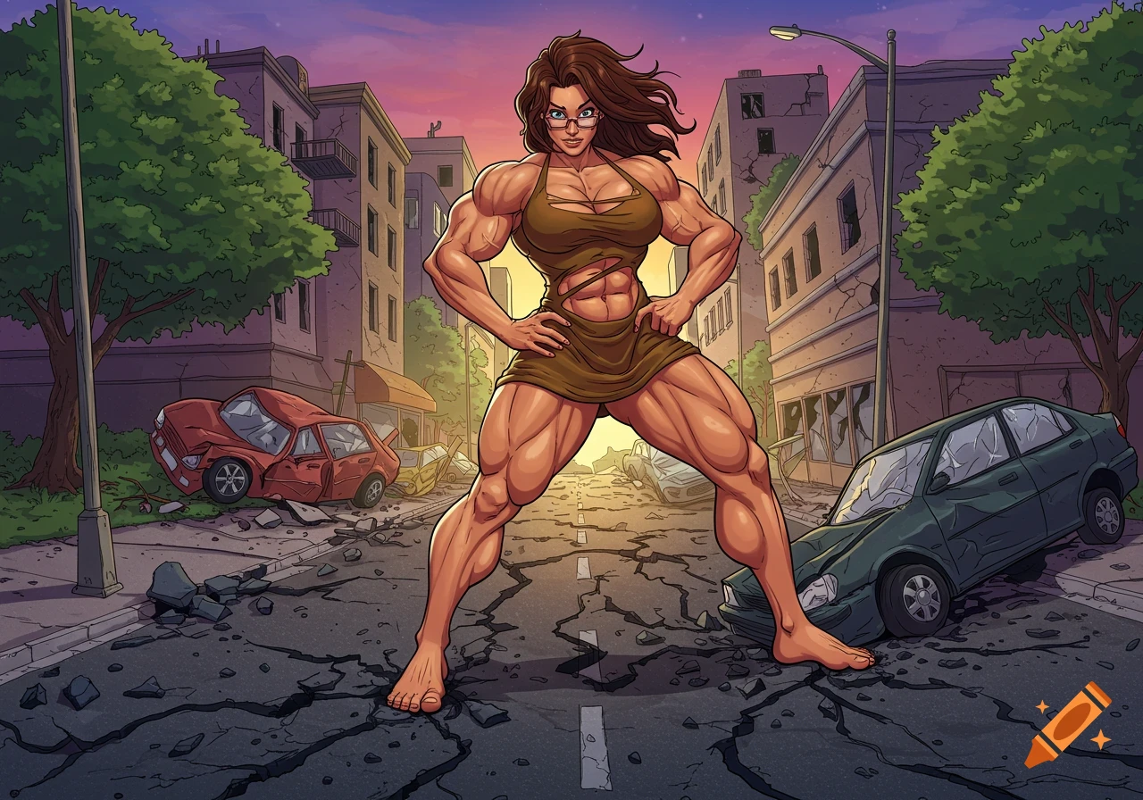 A muscular woman in a brown dress and glasses stands barefoot on a cracked city street, surrounded by destroyed cars and buildings in a comic art style.
