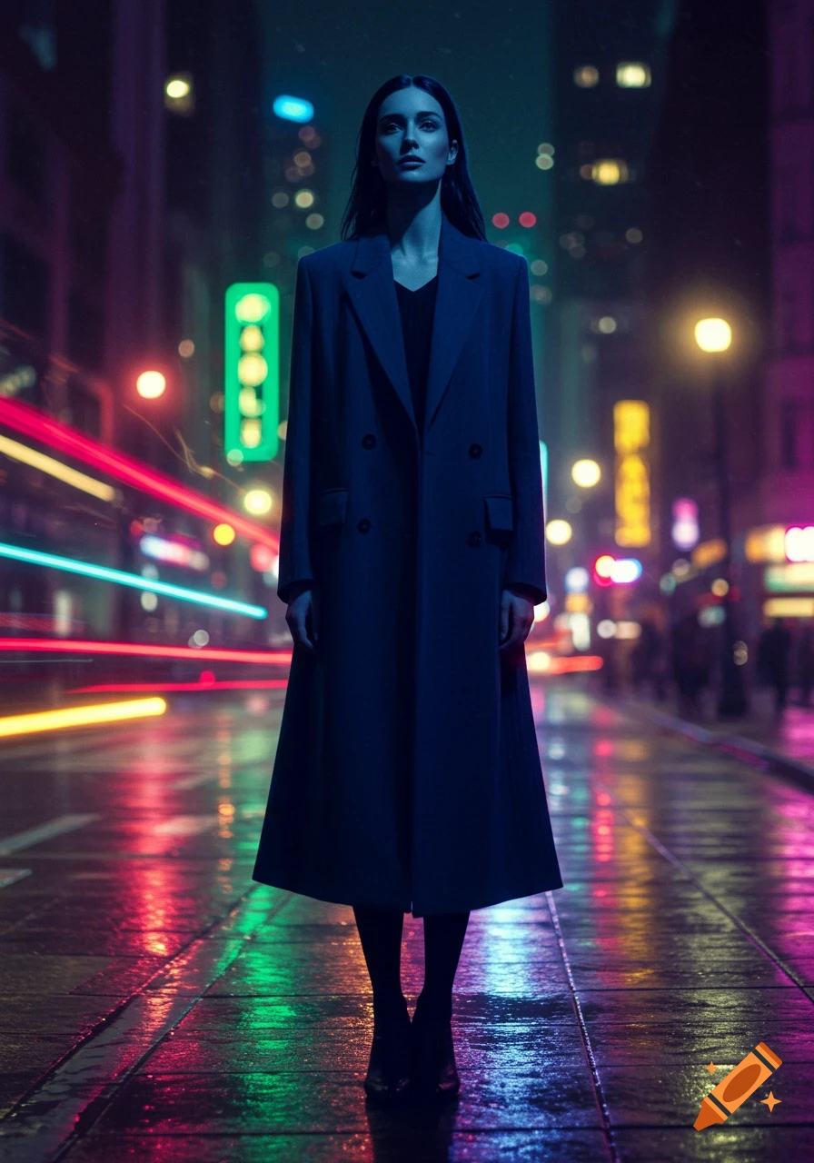 A woman in a long coat stands on a wet city street at night, illuminated by colorful neon lights reflecting off the ground.