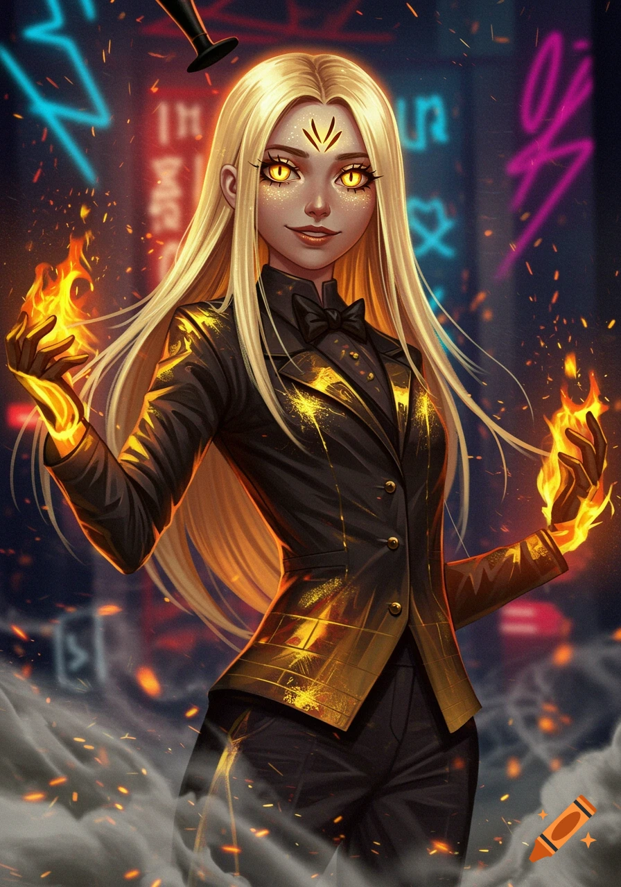 A blonde woman with glowing yellow eyes and a symbol on her forehead, wearing a black suit with gold accents, manipulates fire in her hands against a neon city background.