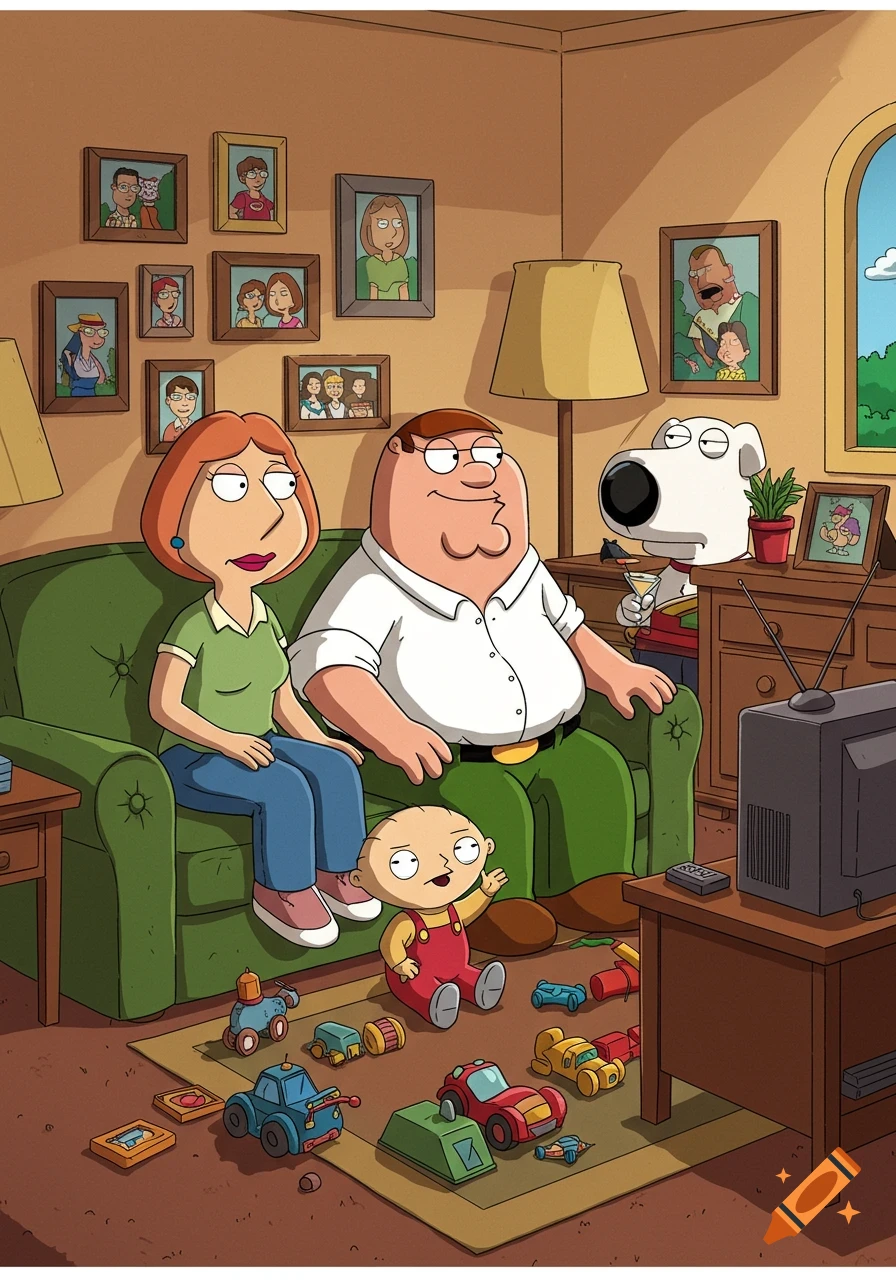 Lois, Peter, Stewie, and Brian from Family Guy relaxing in their living room, Stewie playing with toys.