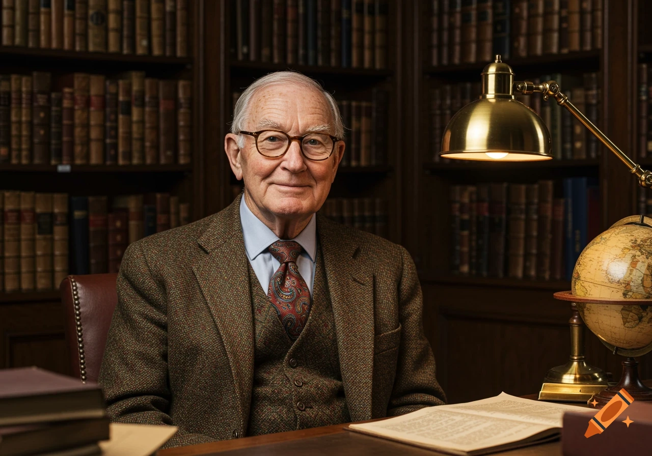 A smiling elderly man in glasses and a tweed suit sits at a desk in a library. An open book, desk lamp, and globe are nearby.
