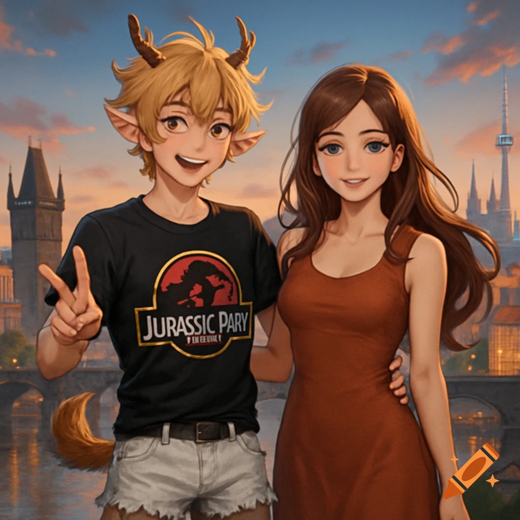 Anime style image of a satyr boy in a Jurassic Park shirt and his human girlfriend posing in front of Prague.