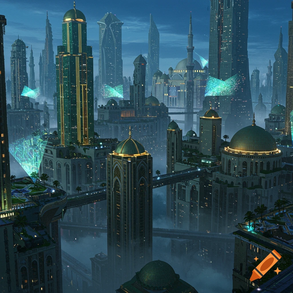 A sprawling futuristic city with deco-Saracenic architecture under a cloudy sky.