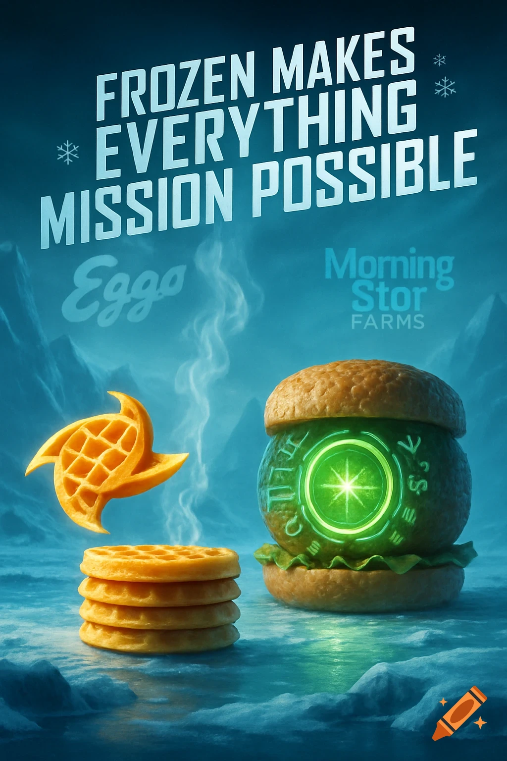A dramatic, spy-movie style poster for frozen food, set in a glacial landscape. It features a stack of Eggo waffles and a glowing green MorningStar Farms veggie burger, with the bold text 'FROZEN MAKES EVERYTHING MISSION POSSIBLE' above them.