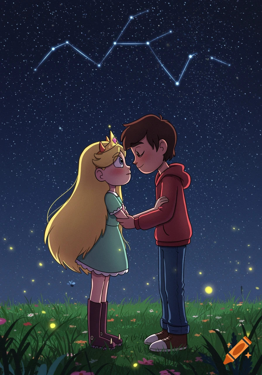 Star Butterfly and Marco Diaz hold hands under a starry night sky with constellations in an animated style.