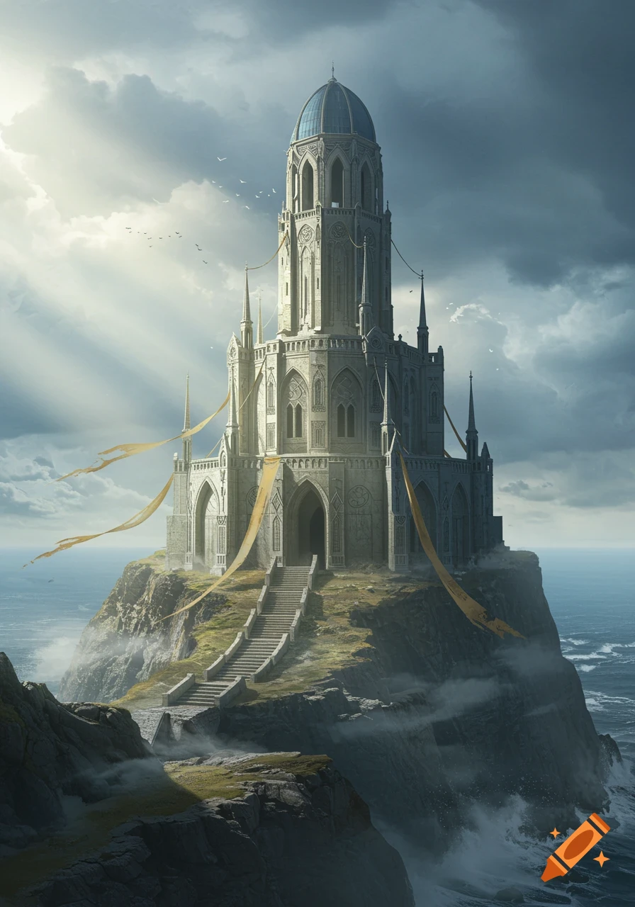 A grand, ornate fantasy castle perched on a rocky island cliff amidst a stormy sea under dramatic skies.