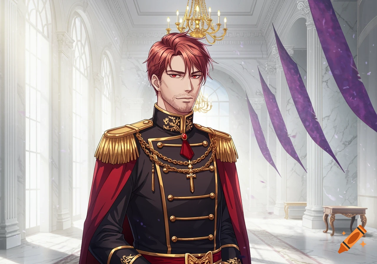An anime-style portrait of a man with red hair, red eyes, and stubble, wearing a black and red military uniform in a grand palace.