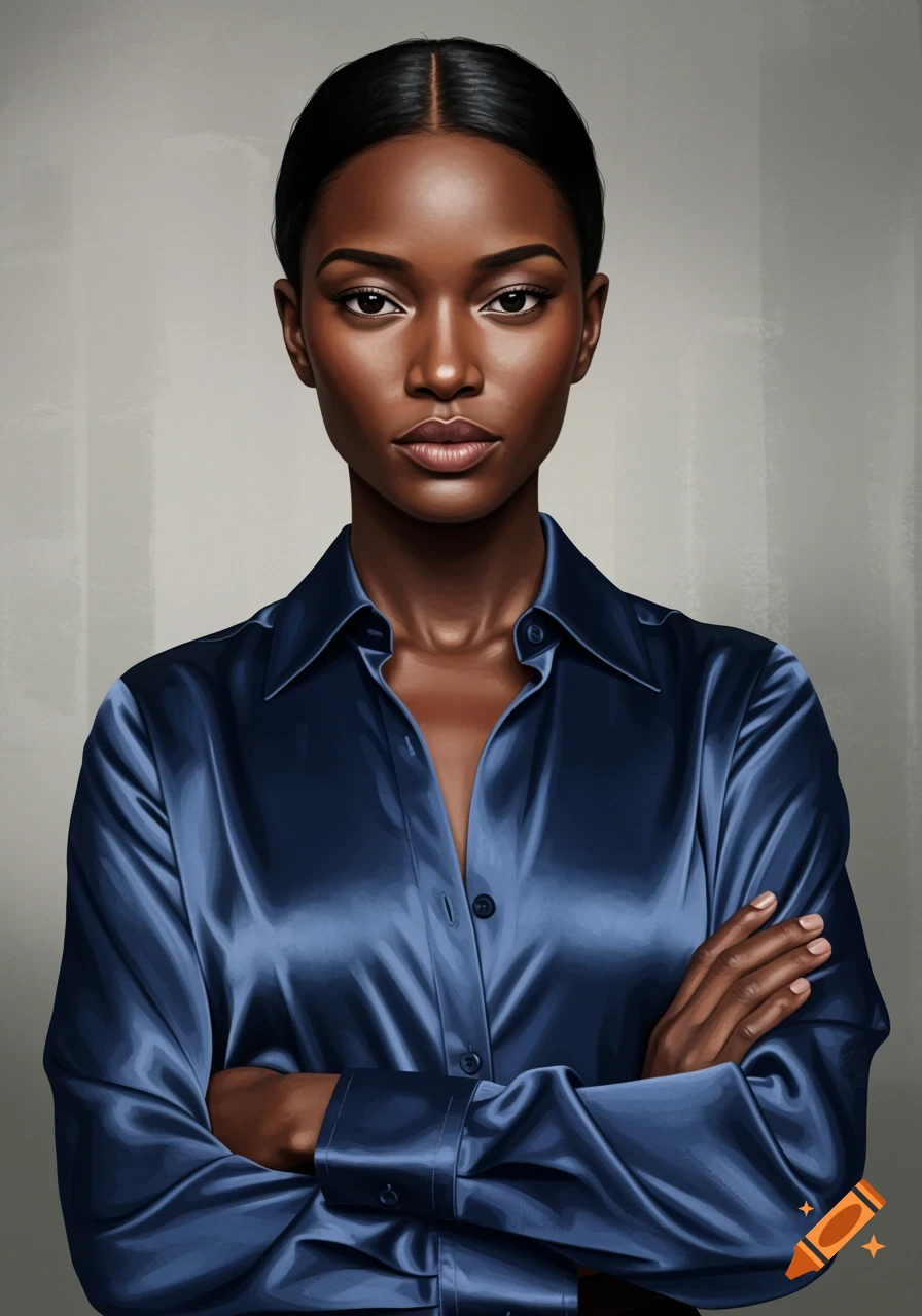 Realistic portrait of a confident woman with dark skin and pulled-back hair, wearing a deep blue satin blouse with crossed arms.