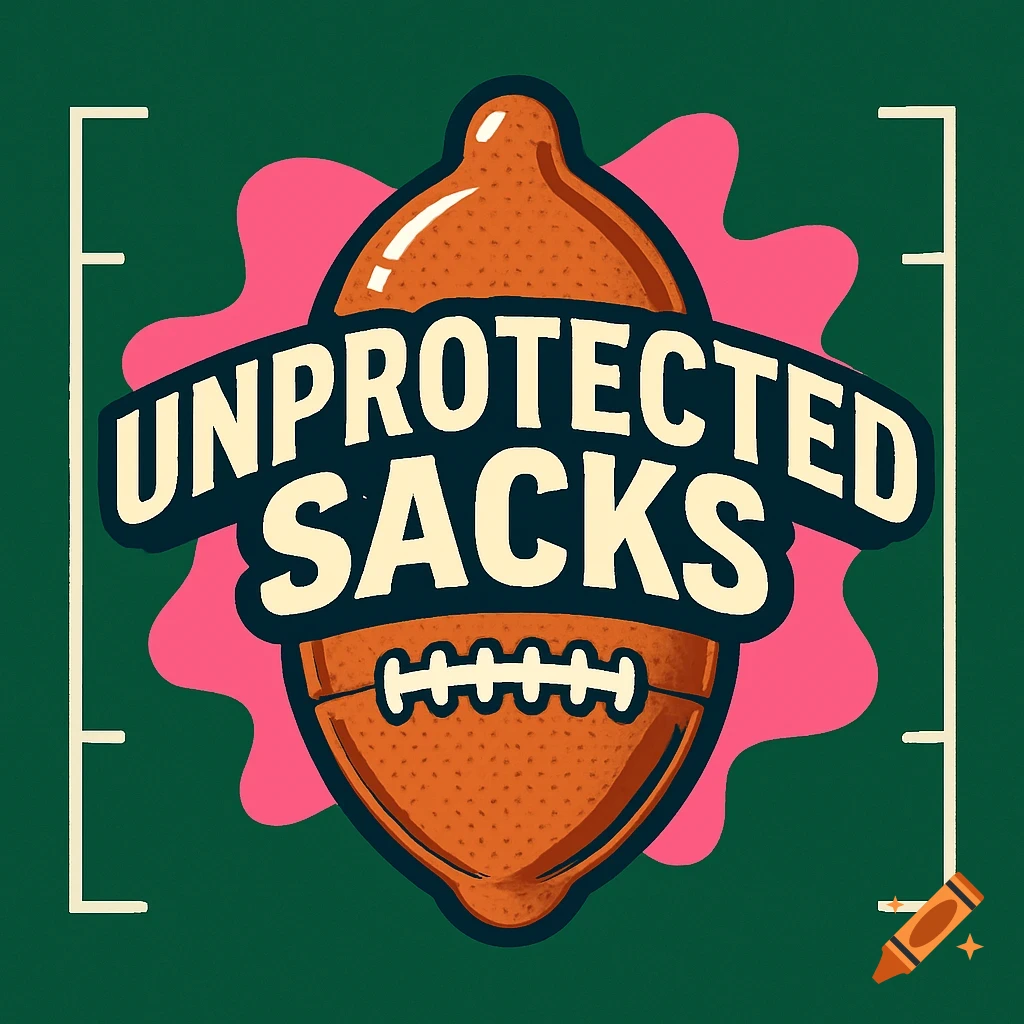 A stylized logo featuring a lemon/condom shape combined with a football, with the text 'UNPROTECTED SACKS'.